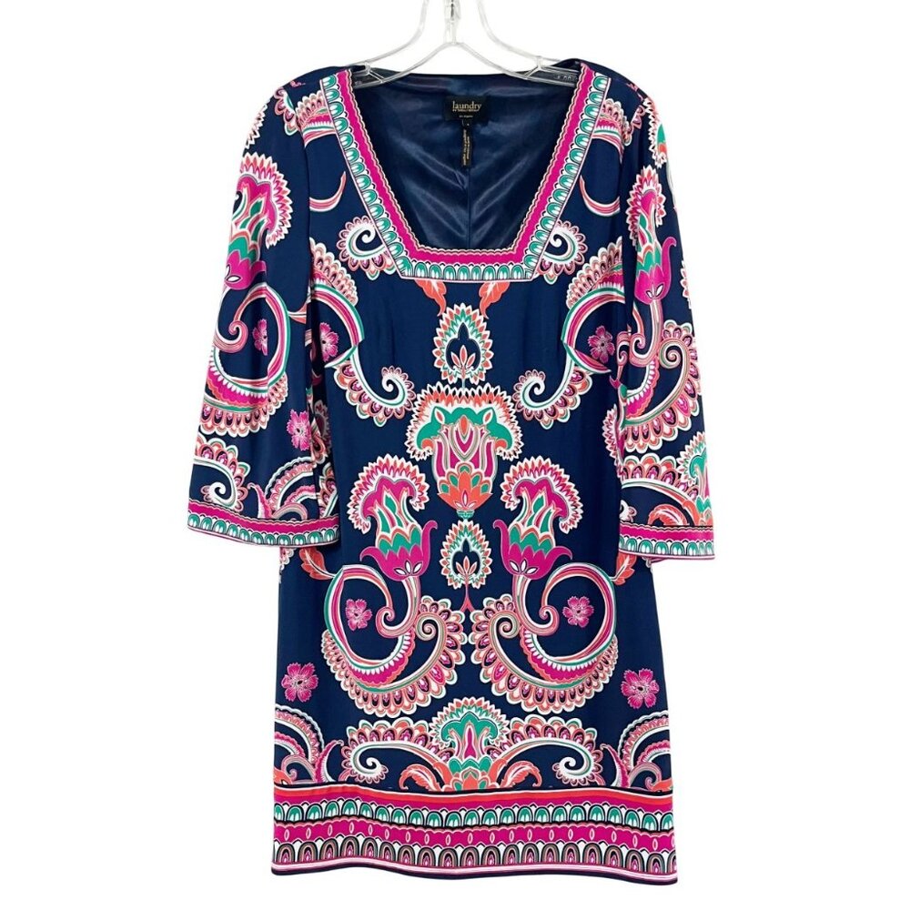 Laundry Shelli Segal Navy Blue & Pink‎ Damask Dress Square Neck - Size 4